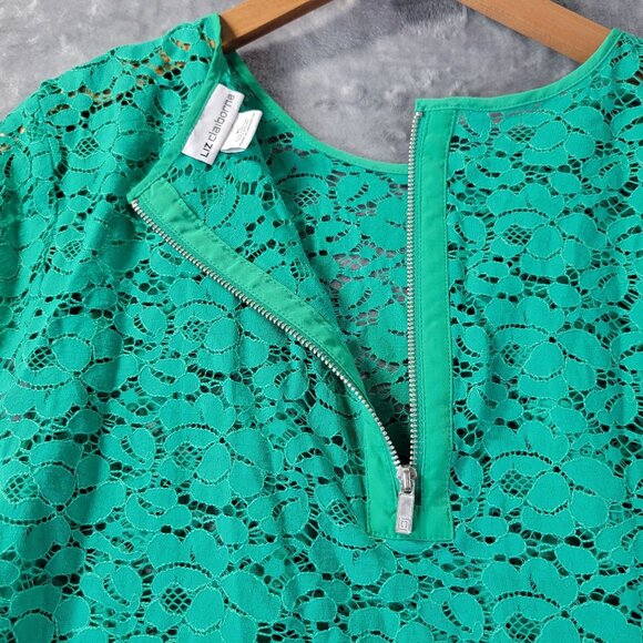 Liz‎ Claiborne Womens XL Green Lace Overlay Top Short Sleeve Floral Classic - Picture 8 of 10